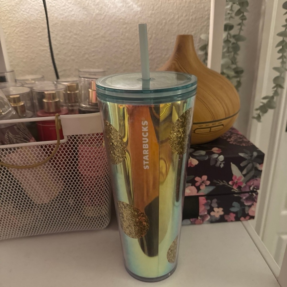 Starbucks 24 oz blue with gold glitter dots tumbler